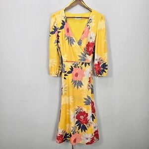 Eliza J Midi Dress 12 Yellow Floral Faux Wrap Balloon Sleeves V Neck Lined *Read